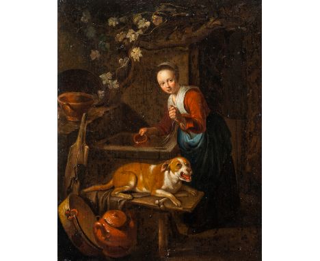 Full title: Dutch school: Kitchen maid with her dog at the well, oil on panel, 17th C.Description:Work: 26 x 20,3 cm    The w