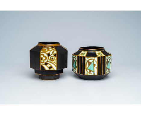 Full title: Two octagonal and dodecagonal Boch Keramis Art Deco vases with polychrome design, La LouviÃ¨re, Charles Catteau, 