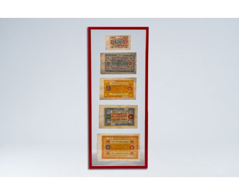 Full title: Five Tibetan paper banknotes, first half 20th C.Description:Frame: 70 x 29 cm  H 14 - L 21,2 cm (the largest item