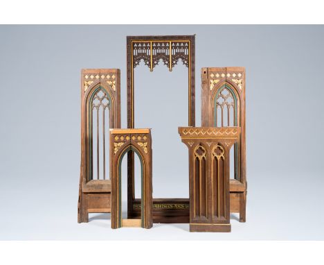 Full title: Five partly gilt wood Gothic revival architectural elements, 19th/20th C.Description:H 243 - L 94,5 - D 19,5 cm (
