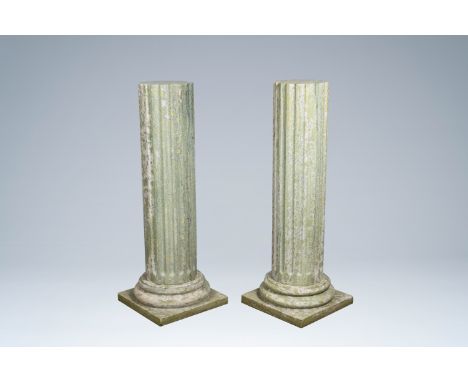 Full title: A pair of light green natural stone fluted columns, 20th C.Description:H 109,3 cm - Dia.: 25,3 cm   39,5 x 39,5 c