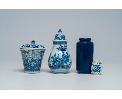 Full title: A Chinese blue and white snuff bottle, two covered beakers and a small blue rouleau vase, Kangxi and laterDescrip