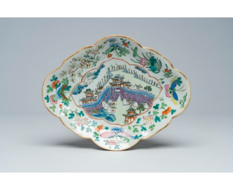 Full title: A Chinese famille rose lobed bowl on foot with a landscape with a gate to the Forbidden City, 19th C.Description: