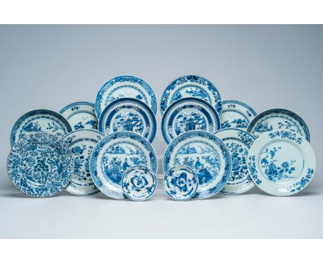 Full title: Fourteen Chinese blue and white plates and two saucers, Kangxi and laterDescription:Dia.: 23,8 - 21,5 cm (the lar