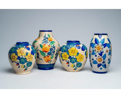 Full title: Four Boch Keramis Art Deco crackle glazed vases with polychrome floral design, La LouviÃ¨re, first half 20th C.De