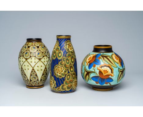 Full title: Three Boch Keramis Art Deco vases with polychrome floral design, La LouviÃ¨re, a.o. Charles Catteau, first half 2