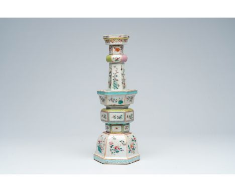 Full title: A large Chinese famille rose 'bajixiang' candlestick, QianlongDescription:H 40 cm The absence of a condition repo