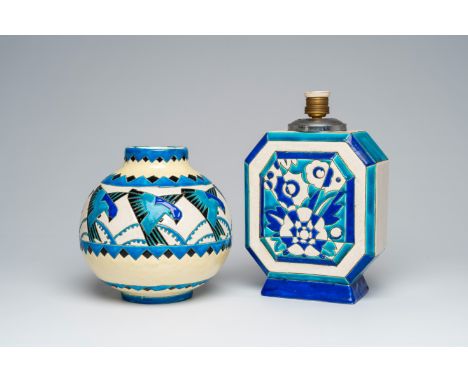 Full title: Two Boch Keramis Art Deco crackle glazed vases with polychrome design, one of which mounted as a lamp, La LouviÃ¨