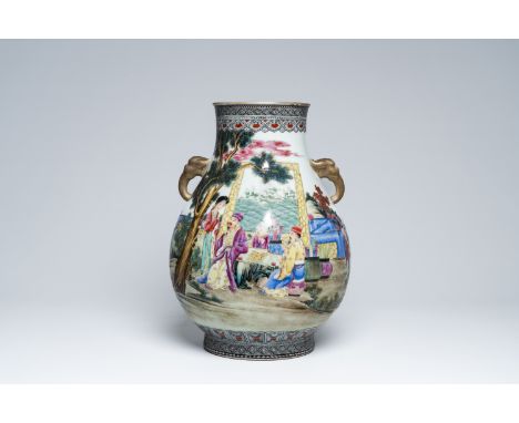 Full title: A Chinese famille rose 'hu' vase with go players and figures in a palace garden, Qianlong mark, 20th C.Descriptio