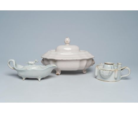 Full title: A white Delftware sauceboat, a tureen and cover and an inkwell, probably France, 18th/19th C.Description:H 20,5 -