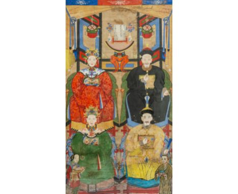 Full title: Chinese school: A large ancestor portrait, ink and colours on paper marouflated on canvas, 19th C.Description:Wor