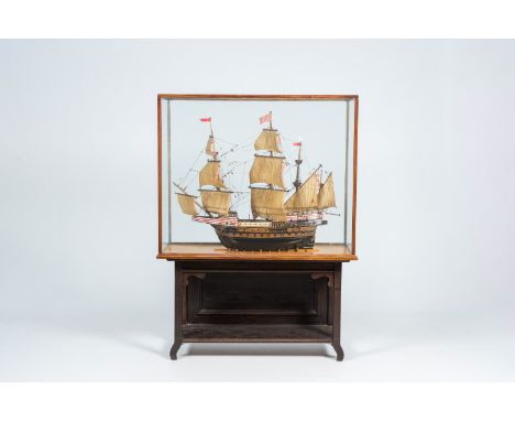 Full title: A painted wood model of a 16th-C. German galleon with glass display case, 20th C.Description:H 71,5 - L 83 cm (th