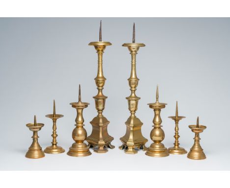 Full title: Four pairs of bronze pricket candlesticks, 17th C. and laterDescription:H 69,7 - 20,8 cm (the tallest and the sma