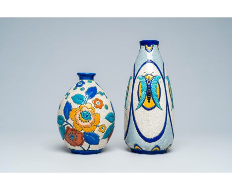 Full title: Two Boch Keramis Art Deco crackle glazed vases with polychrome flower and butterflies design, La LouviÃ¨re, first