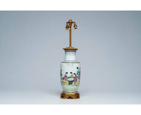Full title: A Chinese famille rose vase with ladies in a garden mounted as a lamp, Republic, 20th C.Description:H 61,1 cm (in