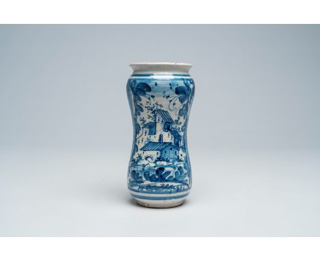 Full title: An Italian blue and white albarello with a landscape, dated 1710Description:H 20,6 cm The absence of a condition 