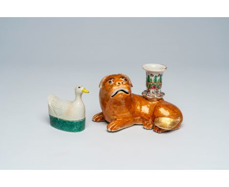 Full title: A Chinese Canton famille rose dog-shaped candlestick and a goose-shaped box and cover, 19th/20th C.Description:H 