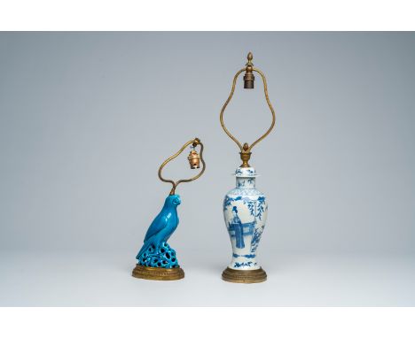 Full title: A Chinese blue and white vase and cover and a turquoise-glazed model of a parrot mounted as lamps, 19th C.Descrip