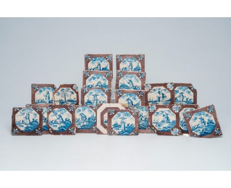Full title: Twenty Dutch Delft blue, white and manganese tiles with figures and landscapes, 18th C.Description:Ca. 13 x 13 cm