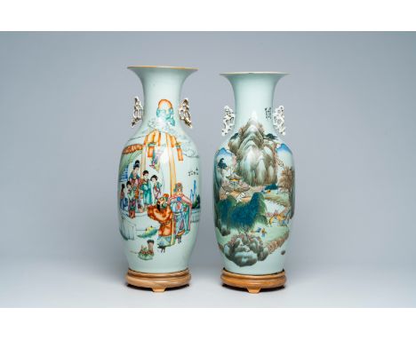 Full title: Two Chinese famille rose and qianjiang cai vases with figures in a palace garden and an animated landscape, 19th/