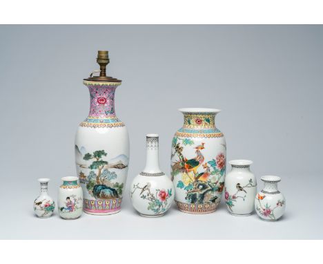 Full title: Seven various Chinese famille rose vases, one of which mounted as a lamp, 20th C.Description:H 38,2 - 8,9 cm (the