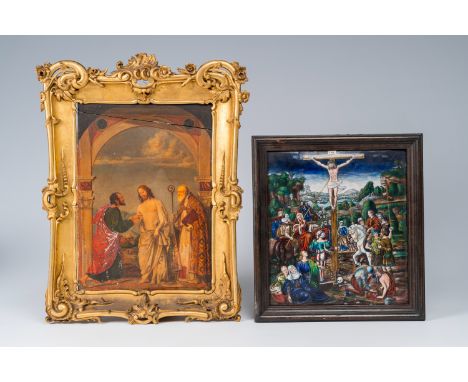 Full title: A French Limoges enamel 'Golgotha' plaque and an oleograph depicting the Doubting Thomas, 19th/20th C.Description