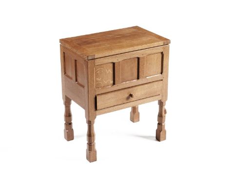 Robert ‘Mouseman’ Thompson: an oak sewing workbox, with hinged top and single fitted drawer, signature carved mouse to front 