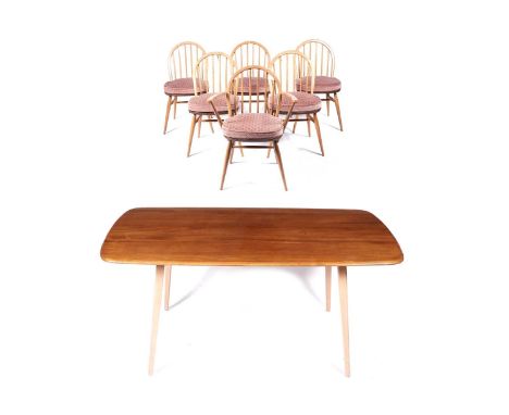 Lucian Ercolani for Ercol: a model 382 elm and beech refectory table, the rectangular elm top on tapering legs 152 x 76 x 71c