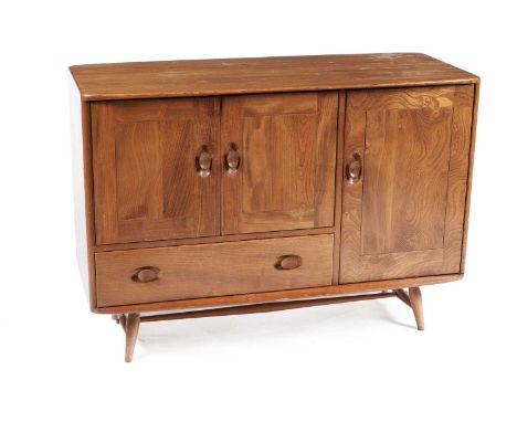 Lucian Ercolani for Ercol: a 'Windsor' model 366 elm and beech sideboard, with two cupboard doors above a short drawer, and l