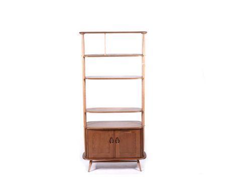 Lucian Ercolani for Ercol: a 'Windsor' model 363 elm and beech 'Giraffe' room divider/bookcase, with three shelves above a pa