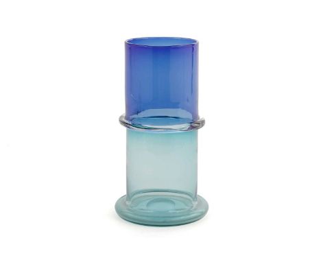 Oiva Toikka (Finnish 1931-2019): an 'OT14' vase, mould-blown in two sections with added collar in light and dark blue glass, 