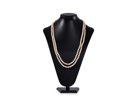 A CULTURED AKOYA PEARL NECKLACE WITH DIAMOND CLASP
The two strand necklace featuring cultured Akoya pearls measuring approxim