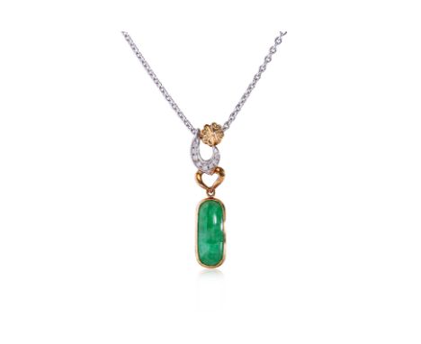 A JADE AND DIAMOND PENDANT ON CHAIN
Featuring a piece of jade measuring approximately 15.9 x 6.2 mm, mounted in an unmarked t