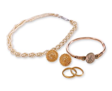 A GROUP OF JEWELLERY
Comprising: an unmarked Gold Bangle (10.4g); a part-broken seed pearl choker with a white gold clasp mar