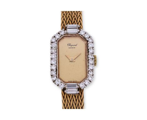 A CHOPARD LADIES GOLD AND DIAMOND COCKTAIL WATCH 18k gold case and integral bracelet, the gilt rectangular dial with cut corn