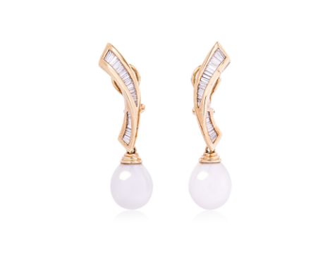 A PAIR OF CULTURED SOUTH SEA PEARL AND DIAMOND CLIP EARRINGS Featuring a pair of drop shaped cultured south sea pearls measur