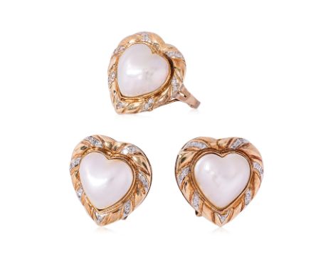 A SET OF CULTURED MABE PEARL AND DIAMOND JEWELLERY
Featuring a matching set of 'heart' shaped cultured mabe pearl jewellery t