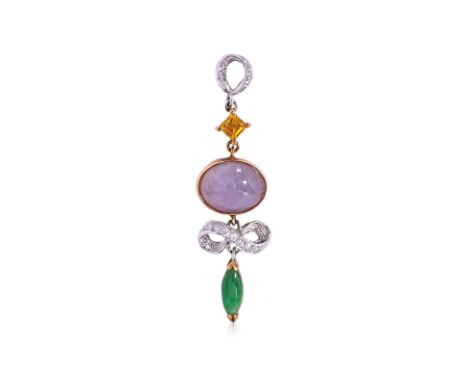 A JADE, CITRINE AND DIAMOND DROP PENDANT
Featuring a piece of green jade, a purple cabochon stone, and a square citrine, moun