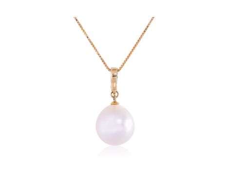 AN OFF-ROUND CULTURED SOUTH SEA PEARL PENDANT ON CHAIN Featuring a cultured off round South Sea pearl measuring approximately