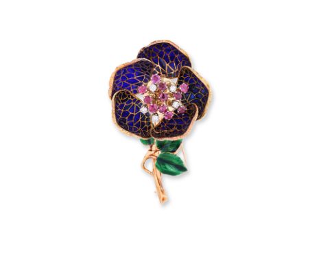 A RUBY AND DIAMOND PLIQUE-A-JOUR ENAMEL 'ROSE' BROOCH
Featuring round cut rubies totalling approximately 1.65 Cts, mounted in