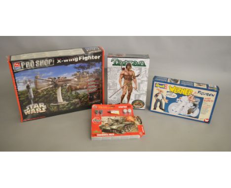 Ex Shop stock - 4 model kits which includes an AMT Star Wars X - wing fighter, 'Tarzan' in 1:8 scale by Pegasus, an Airfix 'C