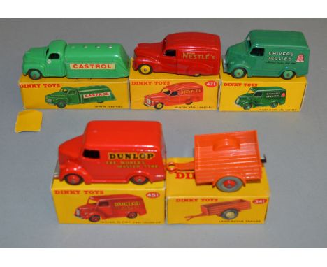 5 boxed Dinky Toys including 341 Trailer, 441 Castrol Tanker, 471 Austin Van 'Nestles', 451 Trojan Van 'Dunlop' and 452 Troja