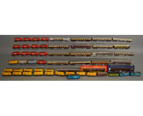 OO Gauge. .19 Coaches, 30 Tank Wagons and 5 Vans&nbsp; by Lima, Hornby, Tri-ang etc., mostly unboxed. Contained in two boxes.
