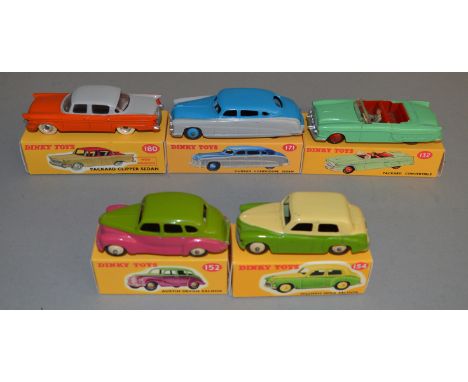 5 Dinky Toys including 132 Packard Convertible in green with slight damage to screen, 152 Austin Devon green over cerise with