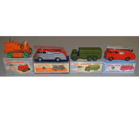 4 boxed Dinky Toys including 955 Heavy Tractor, 555 Fire Engine, 622 10 ton Army Truck and 955 Fire Engine, with the blue and