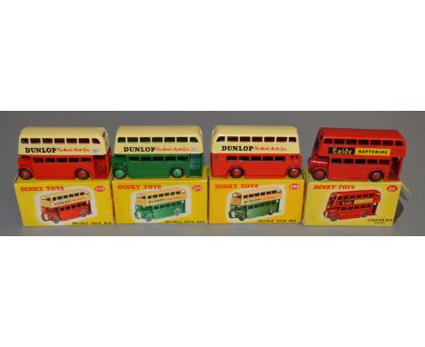 3 boxed  Dinky Toys 290 Double Deck Bus models -&nbsp; 2 x Red/Cream&nbsp; and another Green/Cream, all with 'Dunlop' adverti