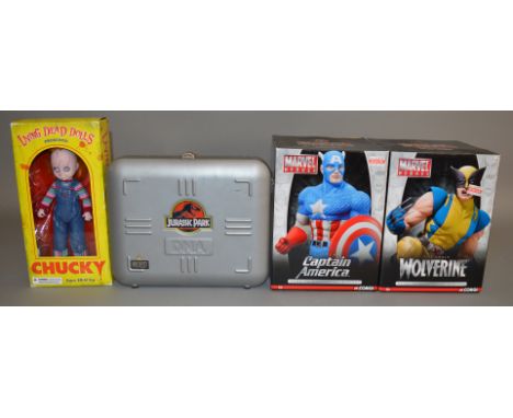 2 Marvel heroes figures by Corgi 1:12 scale both are boxed, this lot also includes a Living Dead Doll Chucky and a Jurassic P