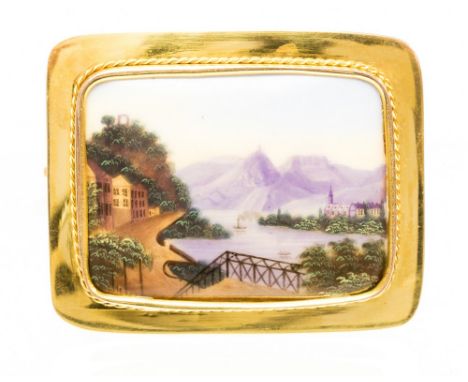 A late 19th century hand painted porcelain plaque 9ct gold mount brooch, the raised plaque depicting Bavarian Rhineland roman
