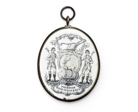 A mid 18th Century Bilston enamel England Society of Bucks pendant member badge, circa 1760, with a monochrome transfer to ea