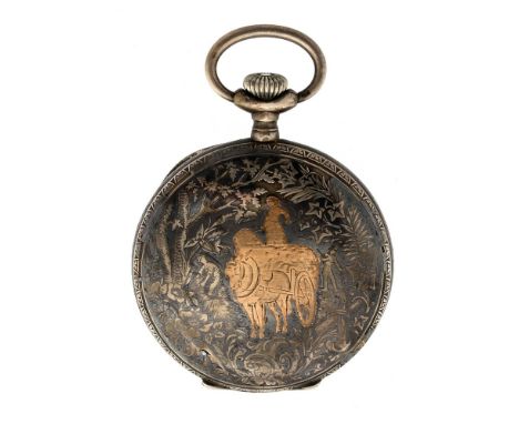 A late 19th Century full hunter pocket watch, 4.5cm silver niello case decorated with a lady on a horse and cart to the cover